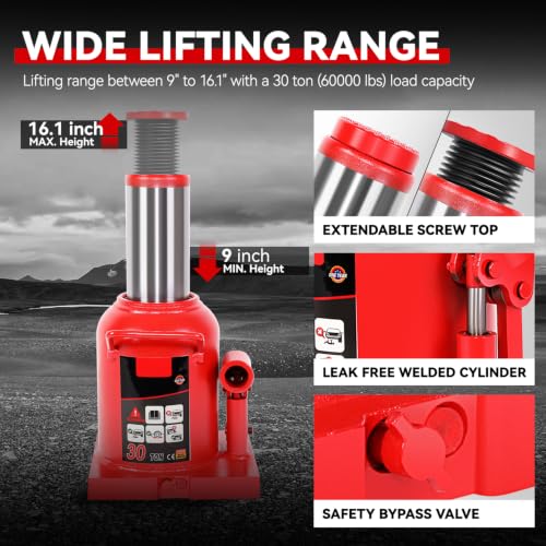 Auto Dynasty 30 Ton Hydraulic Bottle Jack, Automotive Welded Bottle Jack for Car, Pickup Truck, RV, Auto Repair, 9" to 16" Lifting Range (Red) - color: Red, size: 30 Ton