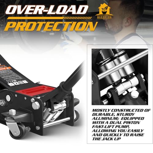 Magshion 3 Ton Low Profile Hydraulic Floor Jack, Black | Dual Piston Trolley Jack, Rubber Saddle Pad, Safety Valve and Casters, Heavy-Duty Steel Construction - color: Black, size: 3 Ton