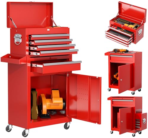 INTERGREAT Tool Chest, 5 Drawers Rolling Tool Chest with Detachable Top Tool Box, Tool Chests with Universal Lockable Wheels, Metal Tool Cart for Garage, Workshop, Barbershop - color: Red, size: 5 Drawers