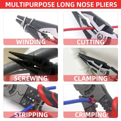 6-in-1 Needle Nose Pliers, 9" Multipurpose Long Nose Pliers with Wire Stripper/Crimper/Cutter Function, Heavy Duty Multifunctional Electrician Pliers for Crimping, Stripping, Shearing,etc.
