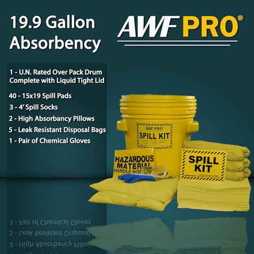 AWF PRO 20 Gallon Hazmat Spill Kit, 59 Pieces | Includes DOT Approved 20 Gallon Drum, Sorbent Socks, Pads, & Pillows, & Accessories - size: Hazmat Spill Kit