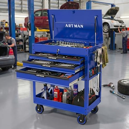 Rolling Tool Chest with Metal Top, 3-Drawer Tool Cart with Wheels, Blue | Ball-Bearing Slides, Powder-Coated Finish, Side Tool Rack, Lockable, Locking Brakes, Ergonomic Push Handle - color: Blue