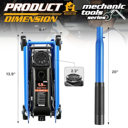 Magshion 1.5 Ton Low Profile Hydraulic Floor Jack, Heavy-Duty Steel Trolley Service Jack with Safety Valve, Swivel Casters, and Wide Saddle for Garage and Vehicle Maintenance, Blue - color: Blue