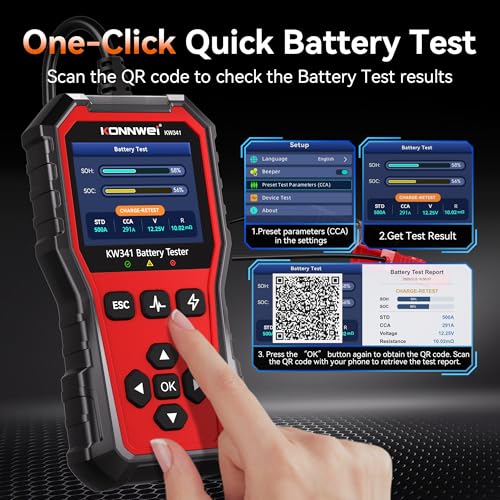KONNWEI KW341 6V 12V 24V Battery Tester for Car Truck Motorcycle | Automotive Load tester, Cranking & charging test, CCA 10-2000, Supports lead-acid/AGM/GEL/EFB/Lithium, In/out-vehicle modes