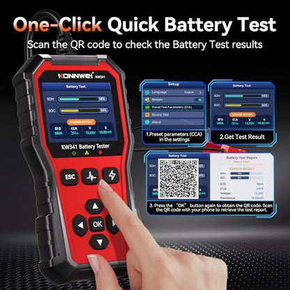 KONNWEI KW341 6V 12V 24V Battery Tester for Car Truck Motorcycle | Automotive Load tester, Cranking & charging test, CCA 10-2000, Supports lead-acid/AGM/GEL/EFB/Lithium, In/out-vehicle modes