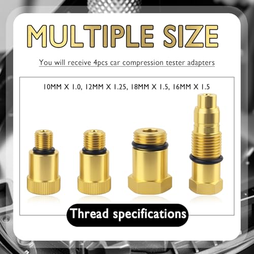 4PCS Compression Tester Adapter 10mm×1.0/12mm×1.25/18mm×1.5/16mm×1.5,Compression Tester Automotive Adapter Kit for Gas Engine,Engine Compressions Testers Kit Spark Plug Adapters - color: 4PCS