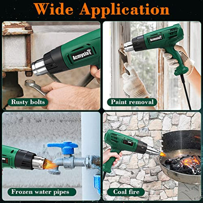 Heat Gun, Heavy Duty Hot Air Gun Kit Dual Temperature Settings 572℉~932℉ (300℃-500℃), Overload Protection with 4 Nozzles for Crafts, Shrink Wrapping/Tubing, Paint Removing, Epoxy Resin - color: Green