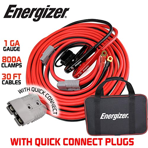 Energizer Jumper Cables, 30 feet, 1 Gauge, 800A, Booster Battery Cables with Permanent Installation kit and Quick Connect Plug for SUV and Trucks with up to 8-Liter Gasoline and 6-Liter Diesel Engines - size: 30-Feet (1-Gauge)