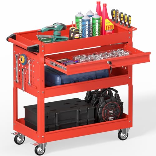 3 Tier Rolling Tool Cart on Wheels, Heavy Duty Service Cart Industrial Utility Cart with Drawer and Screwdriver Rack Pegboard, 550 LBS Mobile Tool Storage Organizer for Garage, Workshop (Red) - color: Red