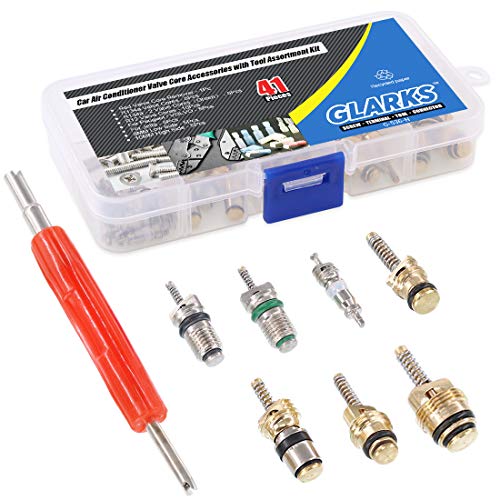 Glarks 41Pcs Schrader Car A/C Valve Core Kit - R12 R134a - Aluminium & Brass & Plastic - Blue Remover Tool - 7.6cm - style: Car Air Conditioner Valve