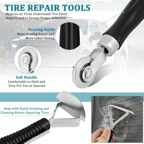 Tire Repair Set Polish Patch Tools 2500rpm Low Speed Air Tire Buffer Grinder Buffing Wheel 55mm,42mm,38mm with Tire Patch Roller Tire Inner Liner Scraper