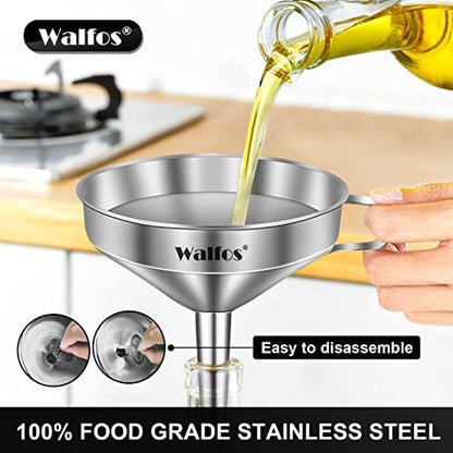 Stainless Steel Funnel, Walfos Kitchen Funnel with 2 Removable Strainer ＆ 1Pc Cleaning Brush, Perfect for Transferring of Liquid, Oils, Jam, Dry Ingredients & Powder (Big, 4.9") - color: 1pcs funnel 4.9 inch
