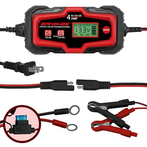 Banshee Car Battery Charger, 4A 6V/12V Automatic Smart Charger, Maintainer, Trickle Charger and Desulfator for Lead Acid and Lithium Batteries, with LCD Display, 12V Supply, & Winter Mode