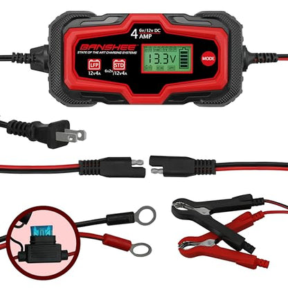 Banshee 4Amp 6V 12V Automatic Smart Smart Charger, Maintainer, Reconditioner/Desulfator, 12V Supply, & Winter Mode with LCD Display for Lead Acid and Lithium (LiFePO4) Battery