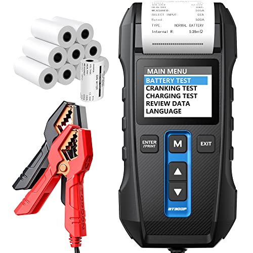 Car Battery Tester 12V 24V 100-2000CCA Lead-Acid Battery, TOPDON BT300P Alternator Tester, Load Tester, with Built-in Printer, Spark Free Metal Clamps, 10 Rolls Cash Register Thermal Paper