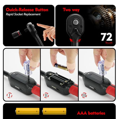 3/8" Digital Torque Wrench 2-45 Ft.lb (±2%), 68PCS Small Digital Torque Wrench Set with Short Handle, Sockets & Adapters for Automotive, Bike, Motorcycle Machinery Repair - size: 68pcs