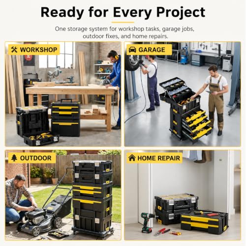 TLGREEN 4-Tier Stackable Rolling Tool Box with Cantilever Tray | Tool Storage System with 180-Degree Cantilever Tray; Faster Access to Frequently Used Accessories And Small Parts