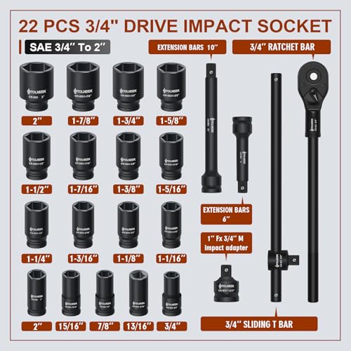 3/4" Impact Socket Set, 22PCS 6-Point SAE (3/4" to 2"), Cr-Mo, with Adapters, Quick Release Ratchet, Extension Bar & Storage Case - size: 22-Piece 3/4" Drive Impact Socket Set SAE