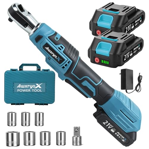 AwxryoX 3/8" Cordless Ratchet Wrench,89 FT-LBS (120N.m) Brushless Electric Ratchet Tool Kit with 2 x 2.0Ah,0-320RPM 21V Matraca Electrica with 7 Sockets,1/2" Adapter for Auto Repair Household DIY