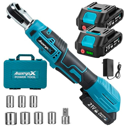 AwxryoX 3/8" Cordless Ratchet Wrench,89 FT-LBS (120N.m) Brushless Electric Ratchet Tool Kit with 2 x 2.0Ah,0-320RPM 21V Matraca Electrica with 7 Sockets,1/2" Adapter for Auto Repair Household DIY