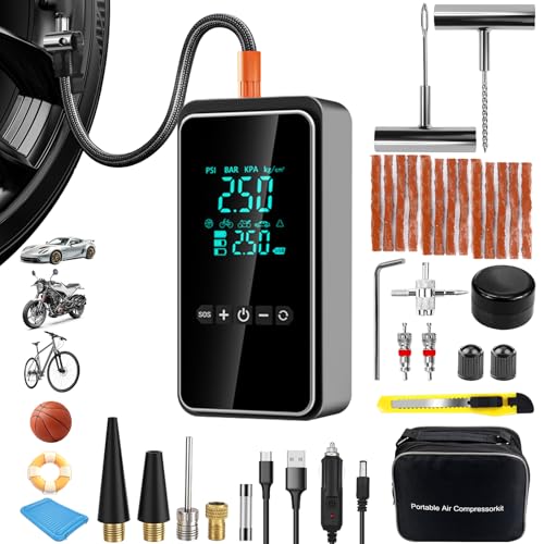 Tire Inflator Portable Air Compressor with Tire Repair Kit, 150PSI & 3X Faster Cordless Tire Pump with LCD Dual Display for Car, Bike, Motorcycle, Ball - size: 35pcs