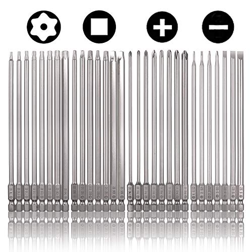 Rocaris 30 Pack 1/4 Inch Hex Shank Long Magnetic Screwdriver Bits Set | 6 Inch Power Tools(Slotted+Cross+Square +Torx)