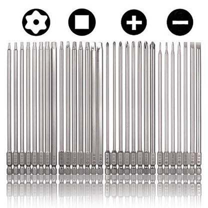 Rocaris 30 Pack 1/4 Inch Hex Shank Long Magnetic Screwdriver Bits Set | 6 Inch Power Tools(Slotted+Cross+Square +Torx)