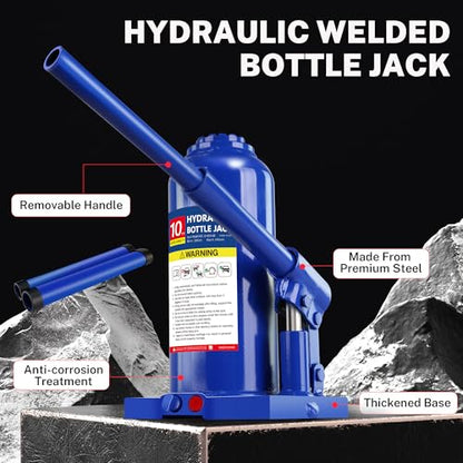 10T Hydraulic Bottle Jack, 20,000 lbs, with Tire Kit | Welded steel jack for box trucks & farm equipment. 9.06"-17.32" lift. Carry case. - color: 10 Ton Basic with Tire Repair Kit