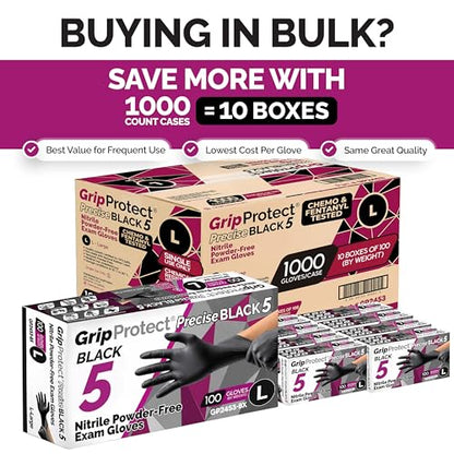 GripProtect Precise 5 Mil Black Nitrile Gloves – Chemical Resistant Nitrile Gloves with Textured Grip for Mechanics, Janitorial, Tattoo & Food Prep – Medical Grade Disposable Gloves, Large, 100 - size: L