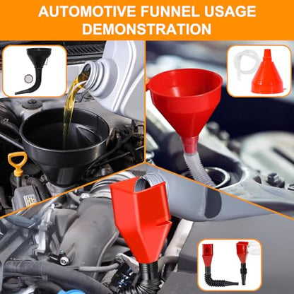 19-Piece Automotive Funnel Set with Fuel Can Spout Replacement – Long Neck Oil Funnel & Plastic Fuel Funnel for Transferring Fuel, Oil, Coolant, Motor Oil, Water