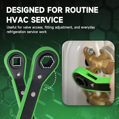 WIPCOOL HVAC Service Wrench Tools Set, Refrigeration Ratcheting Wrench, 3/8”1/4”5/16'' 3/16'' 9/16”1/2”, with 2 Hexagon Bit Adapter Kit for Air Refrigeration and Equipment Repair Tools