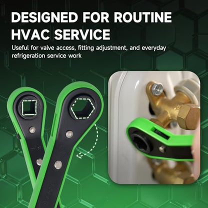 WIPCOOL HVAC Service Wrench Tools Set, Refrigeration Ratcheting Wrench, 3/8”1/4”5/16'' 3/16'' 9/16”1/2”, with 2 Hexagon Bit Adapter Kit for Air Refrigeration and Equipment Repair Tools