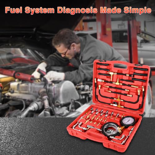 GOOACC Fuel Injection Pressure Tester Kit - 0-140 PSI Gasoline Pump Diagnostic Tool with Schrader Valve Adapters & Relief Button for Car Motorcycle Truck