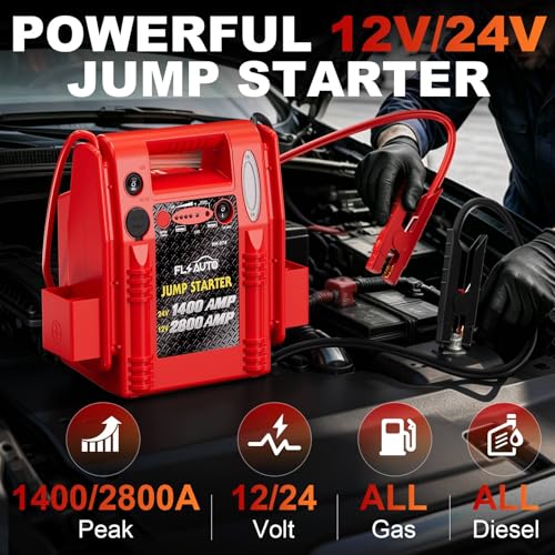 2800A/1400A Heavy Duty 12V/24V Car Jump Starter & Battery Booster – Jumper Pack, Lead-Acid Emergency Power for Cars, Trucks, SUVs, Boats, RVs | FlyAuto