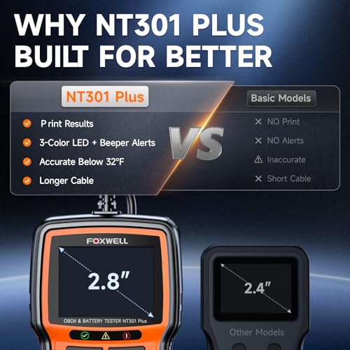 FOXWELL NT301 Plus 2-in-1 OBD2 Scanner & 12V Car Battery Tester | Check Engine Code Reader, Live Data, Test Battery Health/Starter/Charging System, Diagnostic Tool for 1996+ OBDII Vehicle