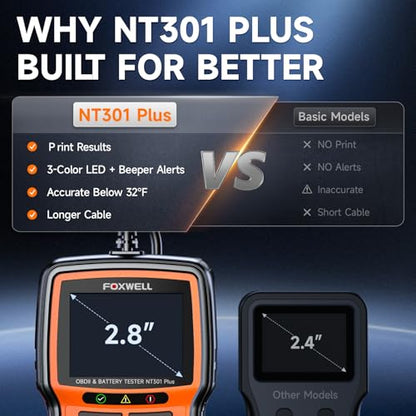 FOXWELL NT301 Plus 2-in-1 OBD2 Scanner & 12V Car Battery Tester | Check Engine Code Reader, Live Data, Test Battery Health/Starter/Charging System, Diagnostic Tool for 1996+ OBDII Vehicle