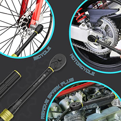 ANPUDS 3/8" Click Torque Wrench, 5-45 Ft-Lb/6.8-61 Nm, Lightweight Aluminum | ±3% Accuracy, Small Mini, 72-Tooth Reversible Ratchet, Dual Scale, for Bike, Motorcycle, Auto Spark Plug Repair, DIYers - size: 5-45 ft-lb / 6.8-61 Nm