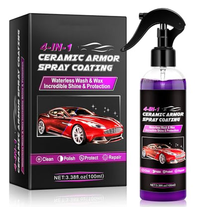 4-in-1 Ceramic Coating for Vehicles, Quick Shine Wax Formula with Water Beading Protection, Easy Wipe-On Detailing Solution for Glossy Smooth Finish, 3.38 Fl Oz