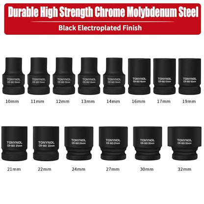 TONYNOL 1/2 Inch Shollw Drive Impact Socket Set,6-Point,Metric (10mm-32mm),14 Pcs,Cr-Mo Steel,With a Storage Case - size: 1/2" 14PC Shallow Metric (10-32mm), style: 6-Points