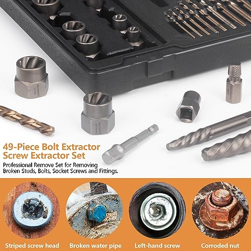 49PCS Screw & Bolt Extractor Set with Left Hand Drill Bit Set, Multi-Spline Easy Out Broken Bolt Remover Tools for Damaged Stripped Rounded-Off Bolts, Socket Screws, Nuts, Studs, and Fittings - size: 49 Pieces