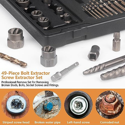 49PCS Screw & Bolt Extractor Set with Left Hand Drill Bit Set, Multi-Spline Easy Out Broken Bolt Remover Tools for Damaged Stripped Rounded-Off Bolts, Socket Screws, Nuts, Studs, and Fittings - size: 49 Pieces