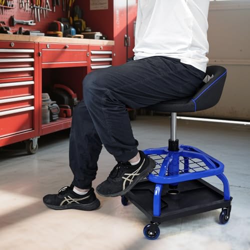 Rolling Stool with Blue Wheels,Heavy Duty Garage Work Mechanic Rolling Shop Stool with Backrest, Adjustable Height 360°Swivel Roller Mechanic Chair with 2 Tool Trays, 330 LBS Capacity - color: Blue Stool With Blue Casters