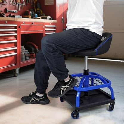 Rolling Stool with Blue Wheels,Heavy Duty Garage Work Mechanic Rolling Shop Stool with Backrest, Adjustable Height 360°Swivel Roller Mechanic Chair with 2 Tool Trays, 330 LBS Capacity - color: Blue Stool With Blue Casters