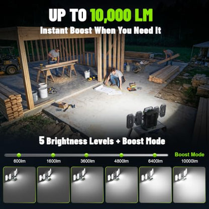 10,000LM Portable LED Work Light Compatible with Ego 56V Battery, 6 Brightness + Boost Mode, 5 Color Temps, Foldable 4-Panel with Detachable Mini Light, Tripod Mount & Hook (Tool Only) - color: Neon Green