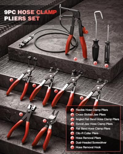 Saker Hose Clamp Pliers Set, Automotive Clamp Removal Tool Kit, Spring Clip Pliers, Flexible Cable Clamp Tool - 9PCS Heavy Duty Locking Kit for Car Engine Repair Tight Space Mechanic DIY - size: 9PCS