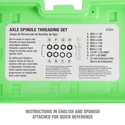 OEMTOOLS Axle Spindle Rethreading Tool Kit for Damaged Axle Spindles | Thread Repair Kit, Metric and SAE Thread Chaser Kit for Universal Fit, Green Storage Case Included