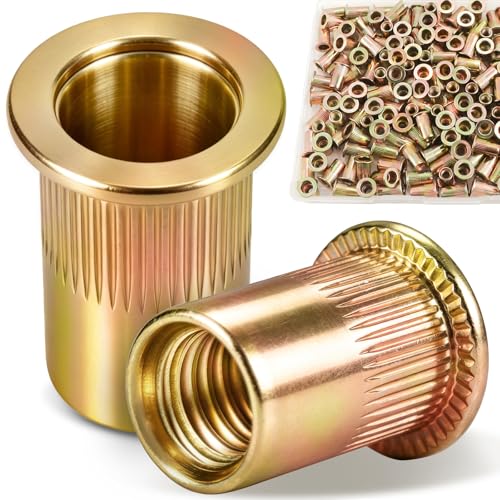 200Pcs 10-24 UNC Rivet Nut Kit, Zinc Plated Carbon Steel Rivnut, Flat Head Knurled Body Threaded Insert Nutsert Set for Metal Sheet, Automotive, DIY - size: 10-24 200pcs