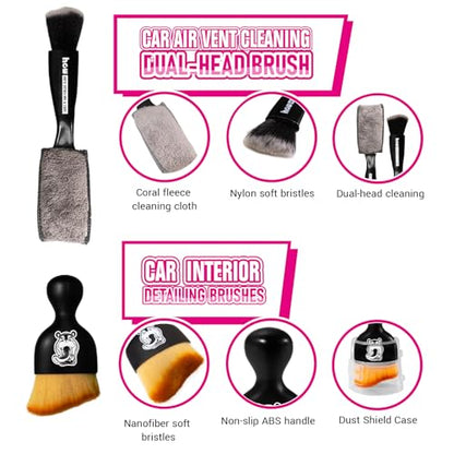 H.O.W 3PCS Car Interior Detailing Brushes Kits Automotive Cleaning Dual Head Brush for Air Vent Seat Crevice Dashboard Leather Air Conditioner