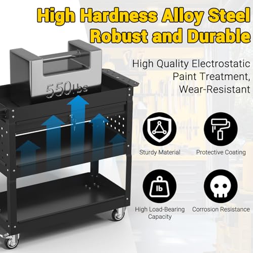 3 Tier Rolling Tool Cart on Wheels, 550 LBS Tool Cart with Drawers，Heavy Duty Utility Cart with Pegboard and Hooks，Mechanic Tool Storage Cart for Garage, Warehouse (Black) - color: Black