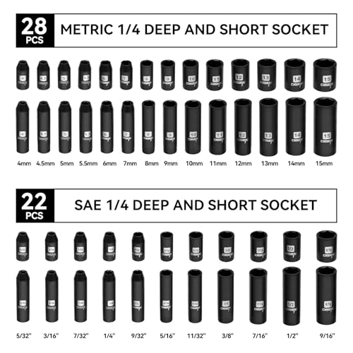 DISEN 94 PCS 1/4" Drive Impact Socket Set, Shallow & Deep Socket SAE(5/32"-9/16") & Metric(4-15mm), Torx Screwdriver Bit Set, 72T Ratchet Wrench Handle, CRV Tool Set with Adapter, Automotive Repair - style: 1/4" 94PCS